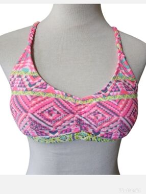 Bongo Pink Yellow Turquois Gray colorful strappy bikini top Women's size large